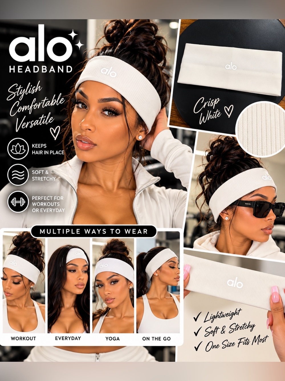 ALO Yoga White Ribbed Headband - Soft Stretch Fitness Hairband